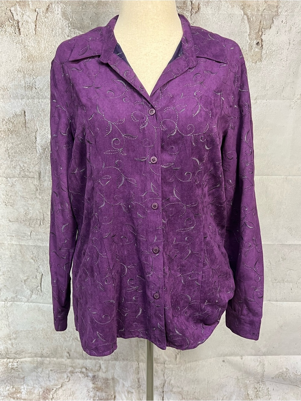 Vintage 90s Purple Embroidered Button Down Blouse Dark Academia Rory Gilmore Top